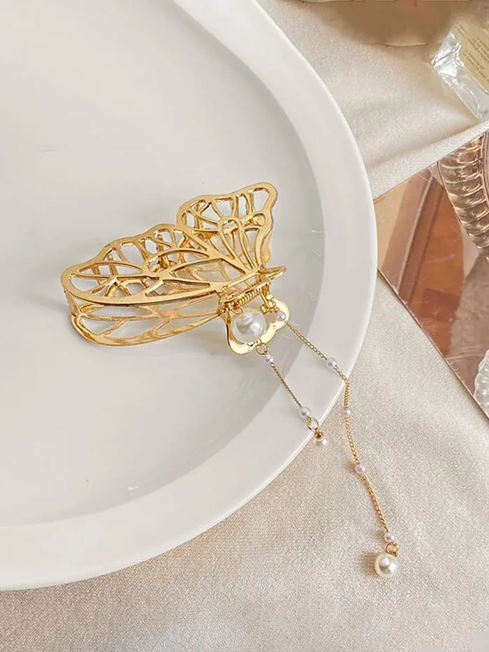 Necklaces Yellow Chimes Yellow Chimes Hair Clip For Women Gold Tone Butterfly Shape With Pearl Beads Cluthers Hair Claw Clip For Women and Girls