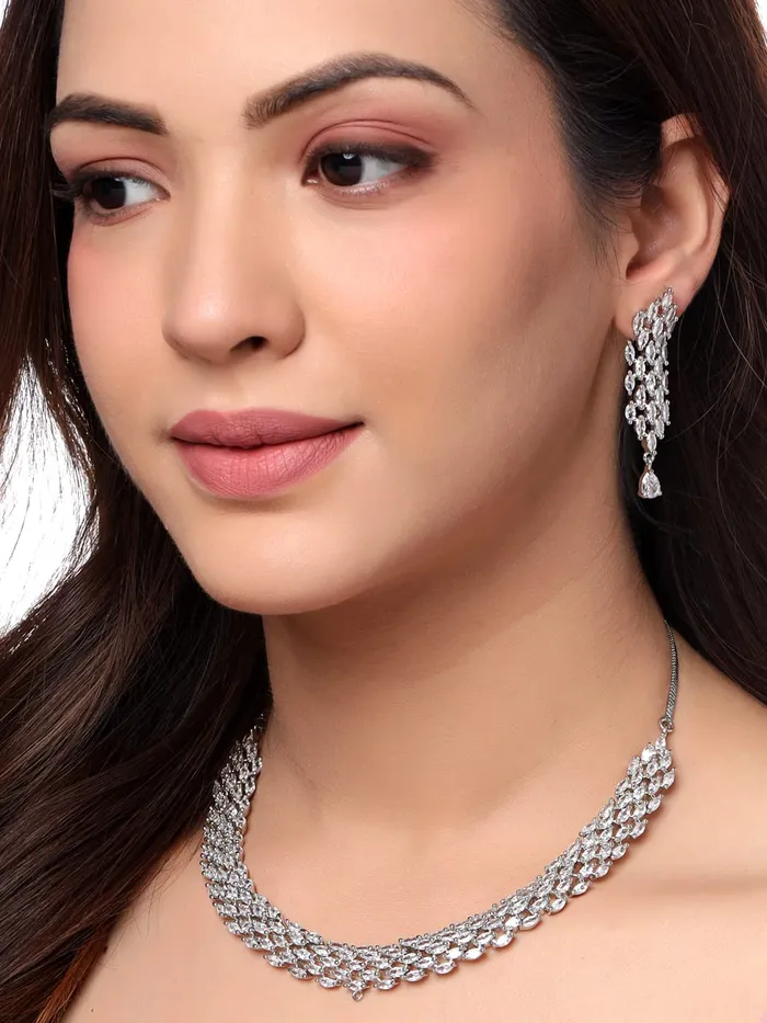 Necklaces Yellow Chimes Yellow Chimes Jewellery Set for Women and Girls American Diamond Jewellery Set Rhodium Plated White AD Necklace Set for Women Birthday Gift for girls and women Anniversary Gift for Wife