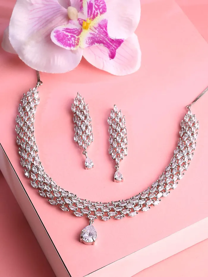 Necklaces Yellow Chimes Yellow Chimes Jewellery Set for Women and Girls American Diamond Jewellery Set Rhodium Plated White AD Necklace Set for Women Birthday Gift for girls and women Anniversary Gift for Wife