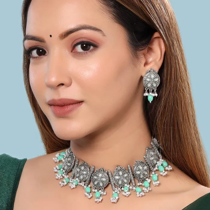 Necklaces Yellow Chimes Yellow Chimes Jewellery Set for Women and Girls Choker Set for Women Silver Tone Green Beads Drop Choker Necklace Set for Women Birthday Gift For Girls and Women Anniversary Gift for Wife