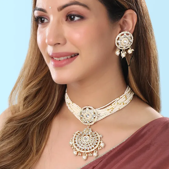 Necklaces Yellow Chimes Yellow Chimes Jewellery Set for Women and Girls Kundan Necklace Set Gold Plated Green Beads Studded Kundan Choker Necklace Set Birthday Gift for girls and women Anniversary Gift for Wife