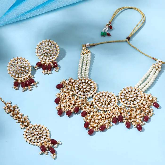 Necklaces Yellow Chimes Yellow Chimes Jewellery Set for Women and Girls Kundan Necklace Set Gold Plated Green Beads Studded Kundan Choker Necklace Set Birthday Gift for girls and women Anniversary Gift for Wife