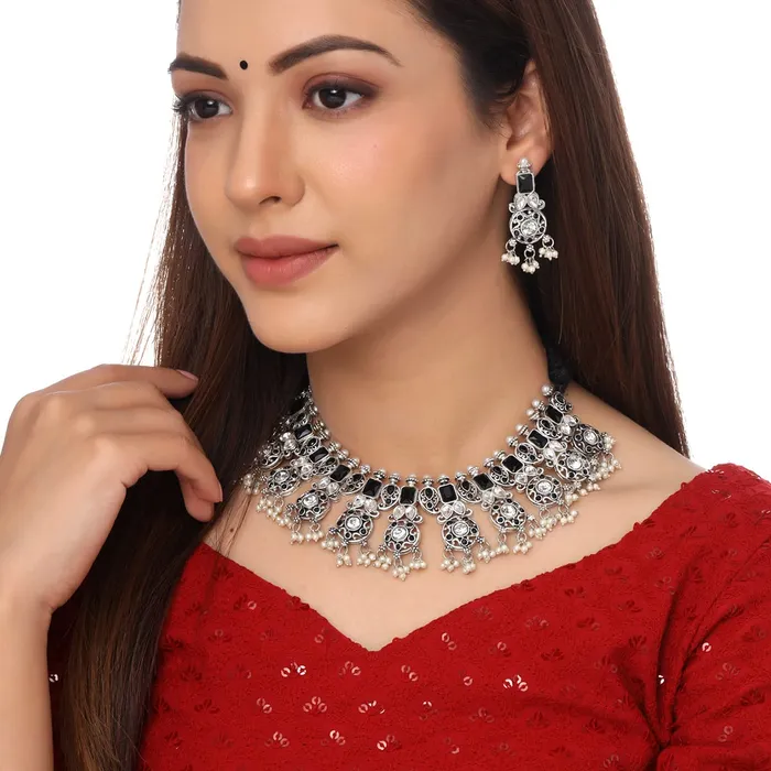 Necklaces Yellow Chimes Yellow Chimes Jewellery Set For Women Pink and Green Stone Beaded Pearl Studded Exquisite Choker Necklace Set For Women and Girls