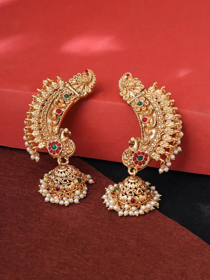 Necklaces Yellow Chimes Yellow Chimes Jhumka Earrings for Women Traditional Gold Plated Long Jhumka Earrings for Girls Golden Peacock Ear Cuff Shaped Jhumki Earrings Eternal Elegance Birthday Anniversary Gift