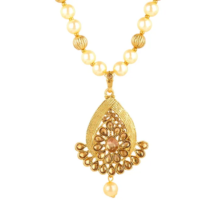 Necklaces Yellow Chimes Yellow Chimes Kundan Studded Gold Plated Necklace Jewellery Set Pearl Mala Pendant Set for Women and Girls