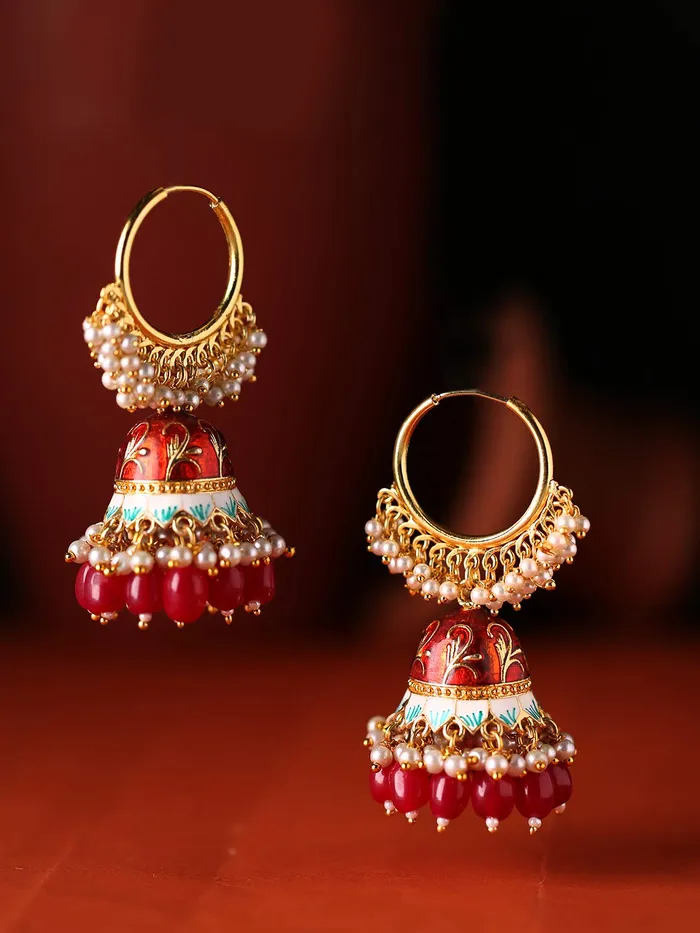 Necklaces Yellow Chimes Yellow Chimes Meenakari Jhumka Earrings Handcrafted Gold toned Traditional Red Jhumka Hoop Earrings for Women and Girls RedGold