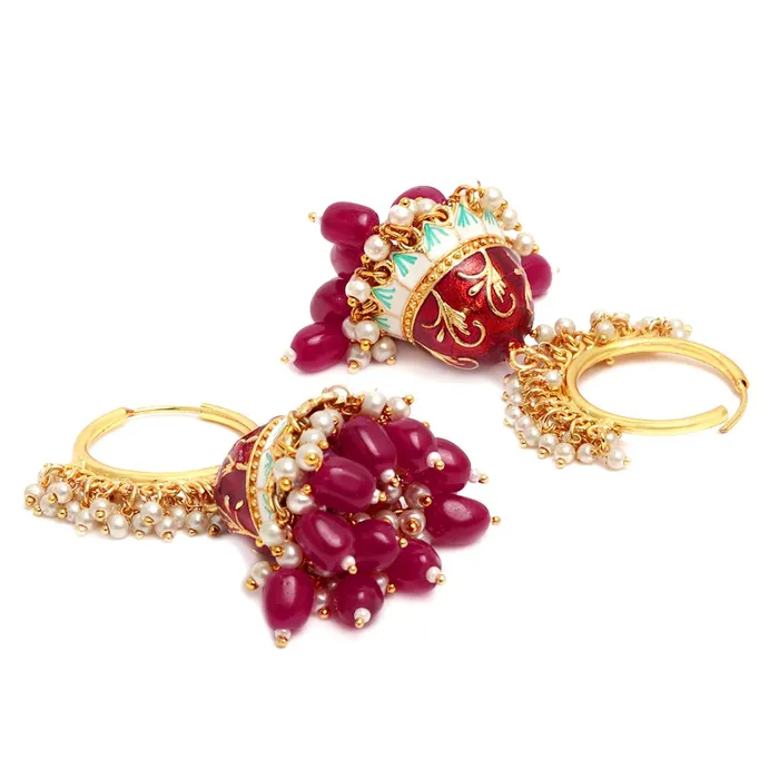 Necklaces Yellow Chimes Yellow Chimes Meenakari Jhumka Earrings Handcrafted Gold toned Traditional Red Jhumka Hoop Earrings for Women and Girls RedGold