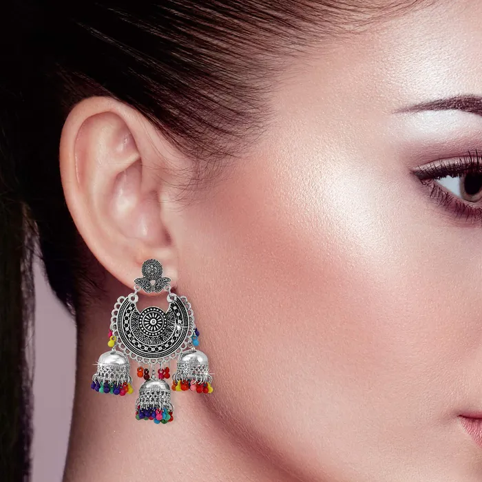 Necklaces Yellow Chimes Yellow Chimes Oxidised Earrings for Women Multicolor Silver Oxidised Afghani Navratri Garba Style Traditional Maang Tikka with Jhumka Earrings for Women and Girls