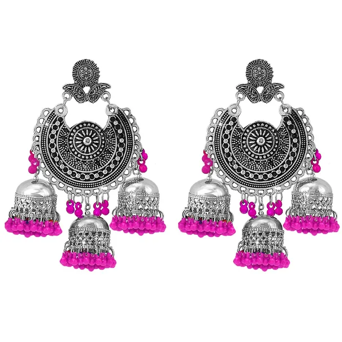 Necklaces Yellow Chimes Yellow Chimes Oxidised Earrings for Women Multicolor Silver Oxidised Afghani Navratri Garba Style Traditional Maang Tikka with Jhumka Earrings for Women and Girls