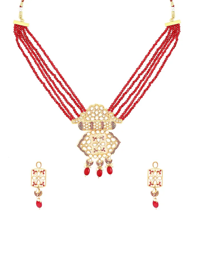 Necklaces Yellow Chimes Yellow Chimes Traditional Jewellery Set for Women Multilayered Red Beads Necklace Set Gold Plated Kundan Jewellery Set for Women and Girls Necklaces Yellow Chimes Yellow Chimes Traditional Jewellery Set for Women Multilayered Red Beads Necklace Set Gold Plated Kundan Jewellery Set for Women and Girls