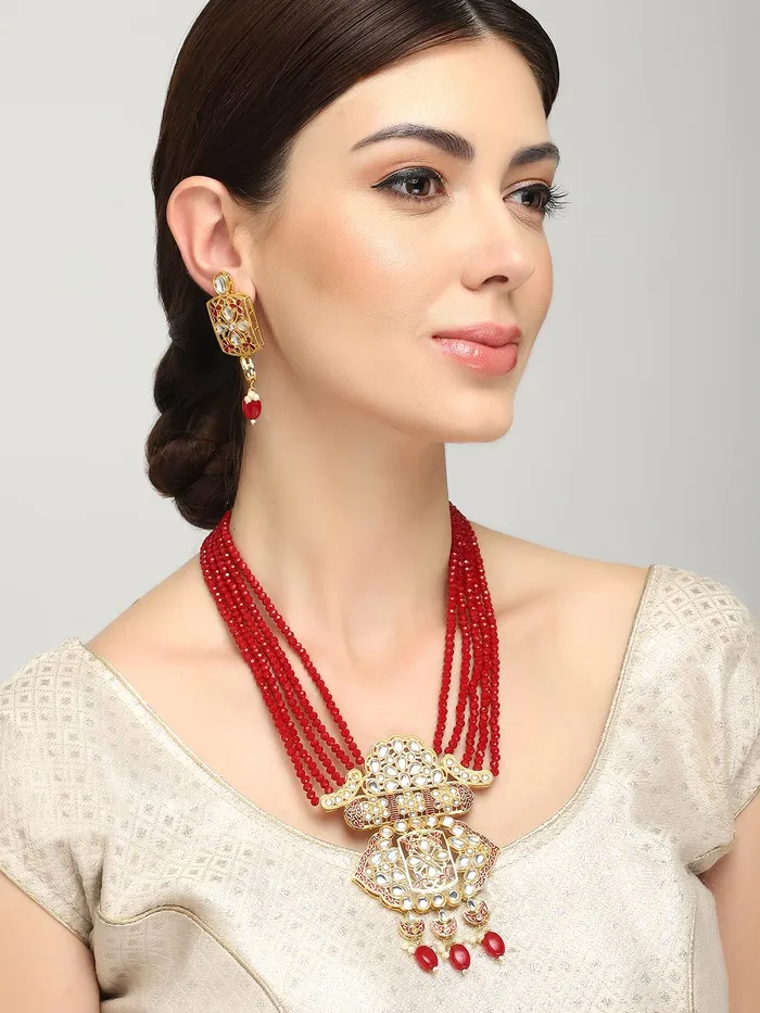 Necklaces Yellow Chimes Yellow Chimes Traditional Jewellery Set for Women Multilayered Red Beads Necklace Set Gold Plated Kundan Jewellery Set for Women and Girls