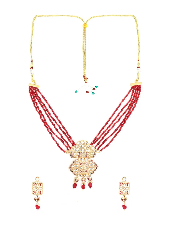 Necklaces Yellow Chimes Yellow Chimes Traditional Jewellery Set for Women Multilayered Red Beads Necklace Set Gold Plated Kundan Jewellery Set for Women and Girls
