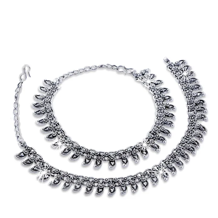 PreStyled Sets Yellow Chimes Yellow Chimes Oxidised Silver Anklets for Women 2 Pcs Silver Oxidised Anklets Traditional Payal Ethnic Anklets for Women and Girls