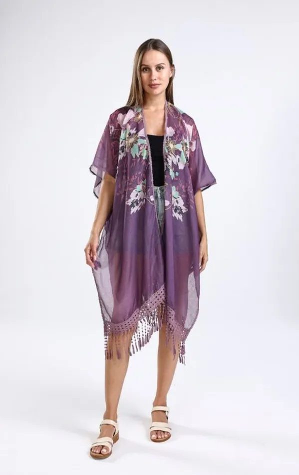 Rings Candlewick Gift Shop Purple Floral Kimono One Size