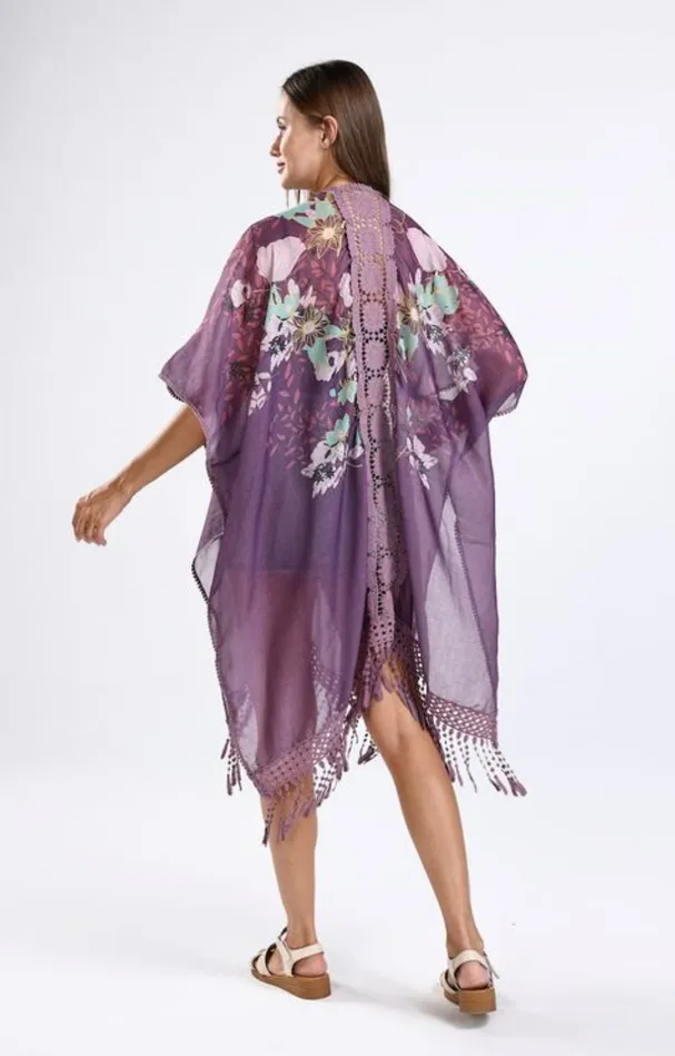 Rings Candlewick Gift Shop Purple Floral Kimono One Size