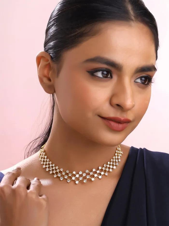Rings Yellow Chimes Gold Plated Choker Necklace for Women Stunning White Crystal Adjustable Length Gold