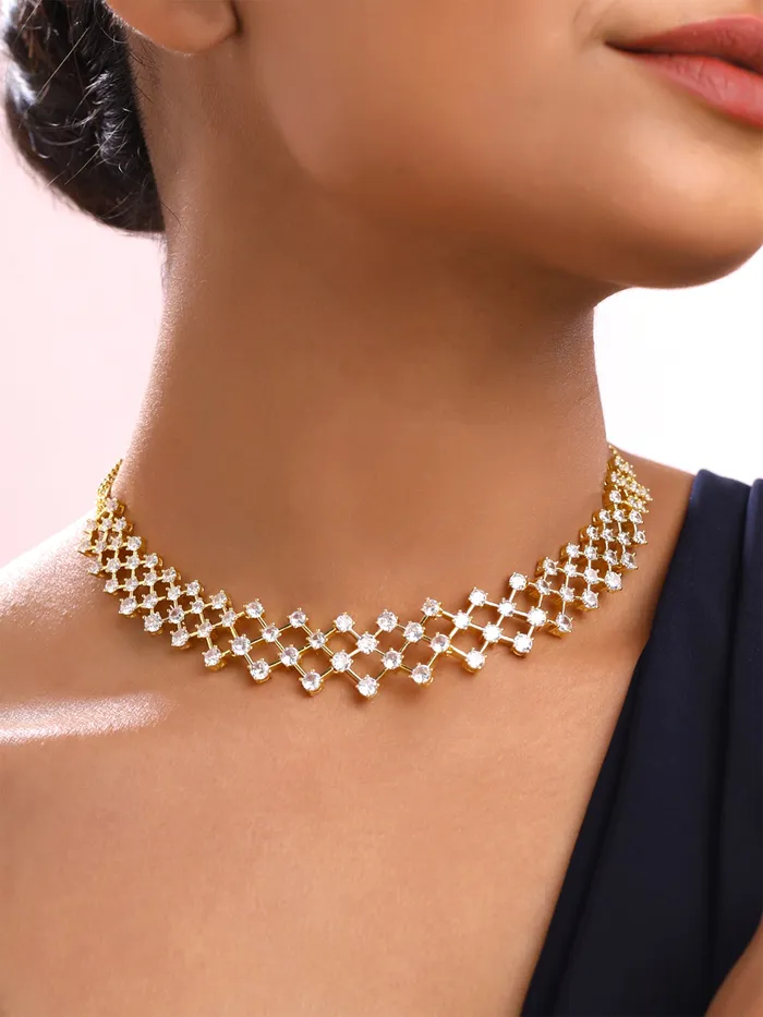 Rings Yellow Chimes Gold Plated Choker Necklace for Women Stunning White Crystal Adjustable Length Gold