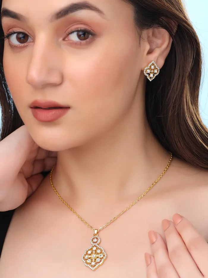Rings Yellow Chimes Gold Plated Pendant Set White Stone Necklace with A5 Crystals Includes Drop Earrings One Size Gold