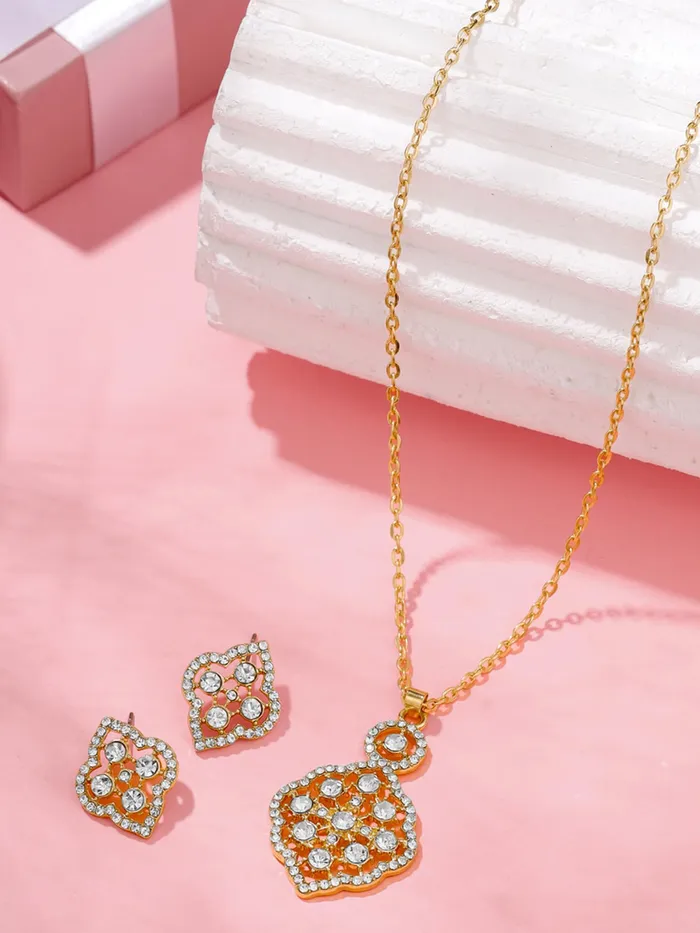 Rings Yellow Chimes Gold Plated Pendant Set White Stone Necklace with A5 Crystals Includes Drop Earrings One Size Gold