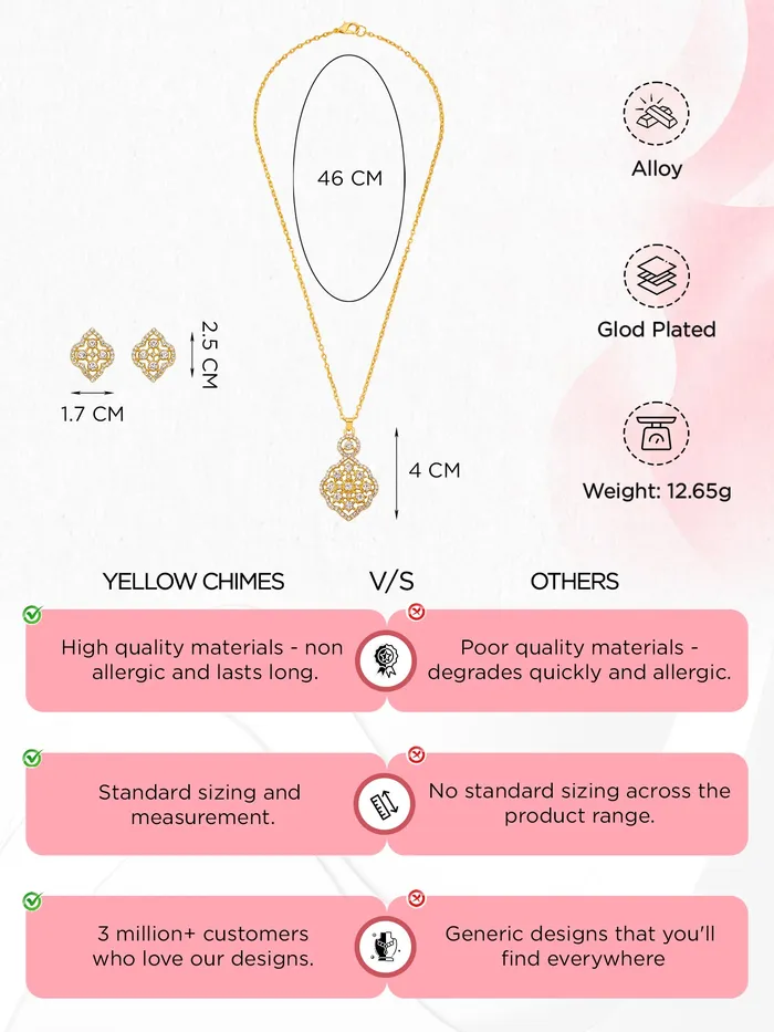 Rings Yellow Chimes Gold Plated Pendant Set White Stone Necklace with A5 Crystals Includes Drop Earrings One Size Gold