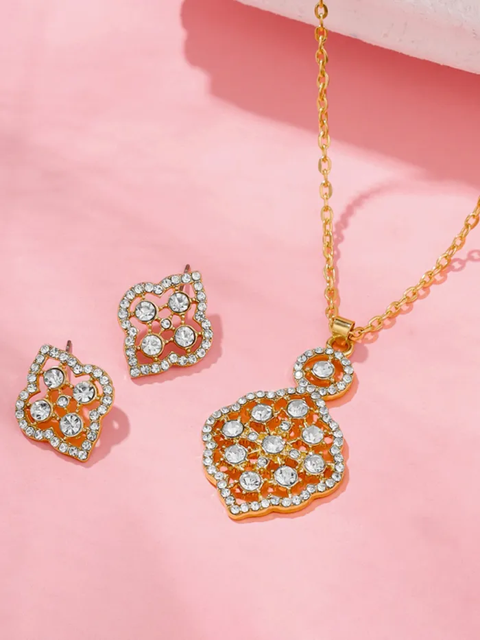 Rings Yellow Chimes Gold Plated Pendant Set White Stone Necklace with A5 Crystals Includes Drop Earrings One Size Gold