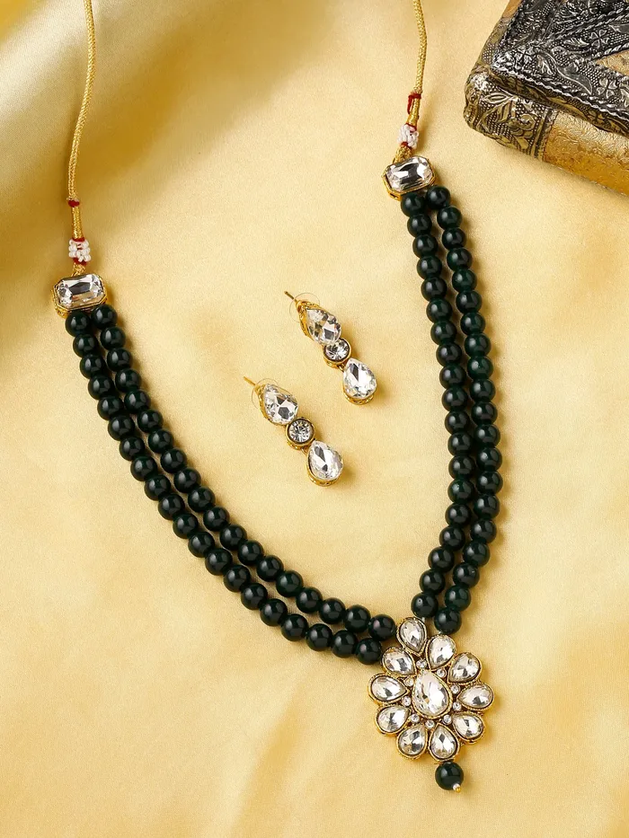 Rings Yellow Chimes Jewellery Set for Women and Girls Traditional Green Beads Necklace Set for Women Gold Plated Choker Necklace Set Birthday Gift for girls women Anniversary Gift for Wife Yellow Chimes
