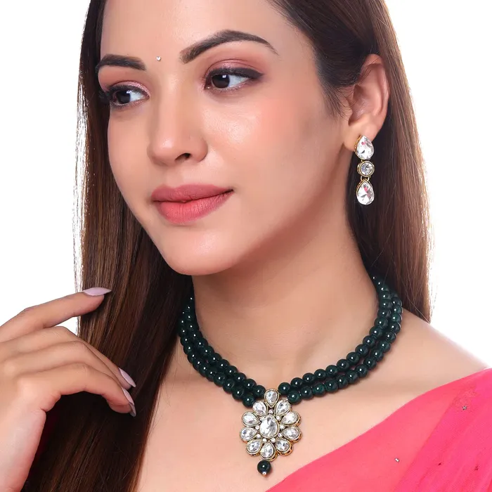 Rings Yellow Chimes Jewellery Set for Women and Girls Traditional Green Beads Necklace Set for Women Gold Plated Choker Necklace Set Birthday Gift for girls women Anniversary Gift for Wife Yellow Chimes