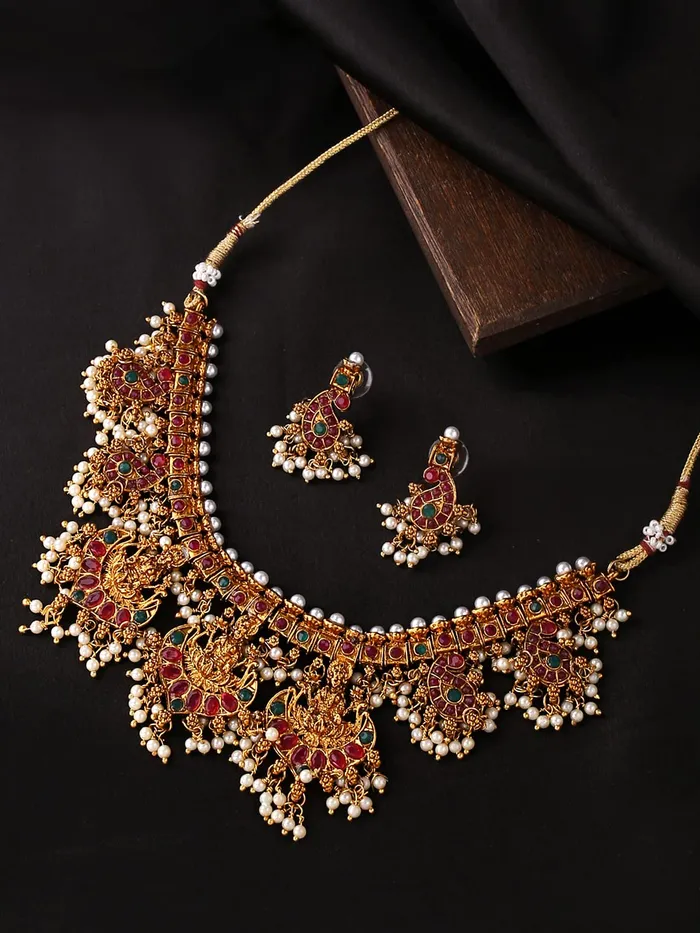 Rings Yellow Chimes Temple Jewellery Set for Women Gold Plated Stone Studded Pearl Drop Choker Necklace Set for Women and Girls Yellow Chimes