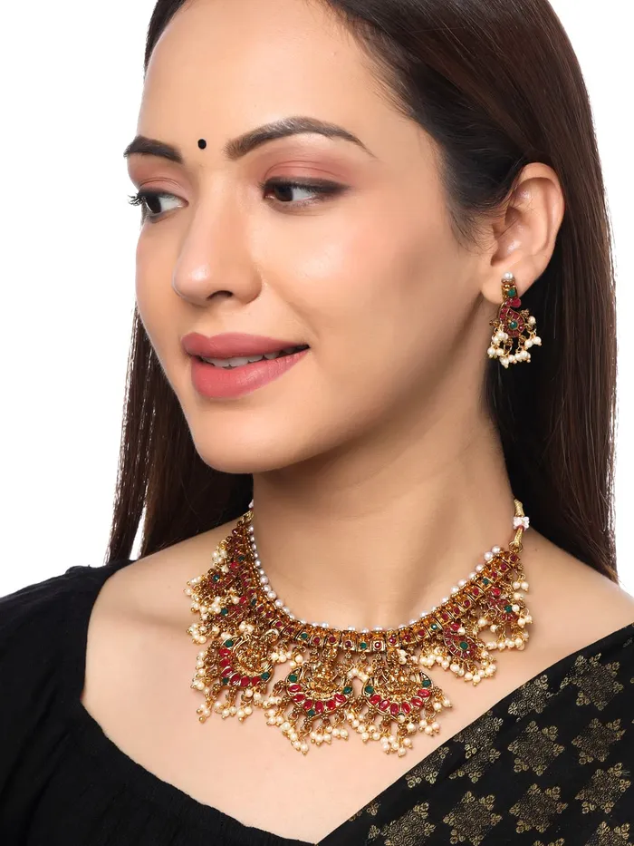 Rings Yellow Chimes Temple Jewellery Set for Women Gold Plated Stone Studded Pearl Drop Choker Necklace Set for Women and Girls Yellow Chimes