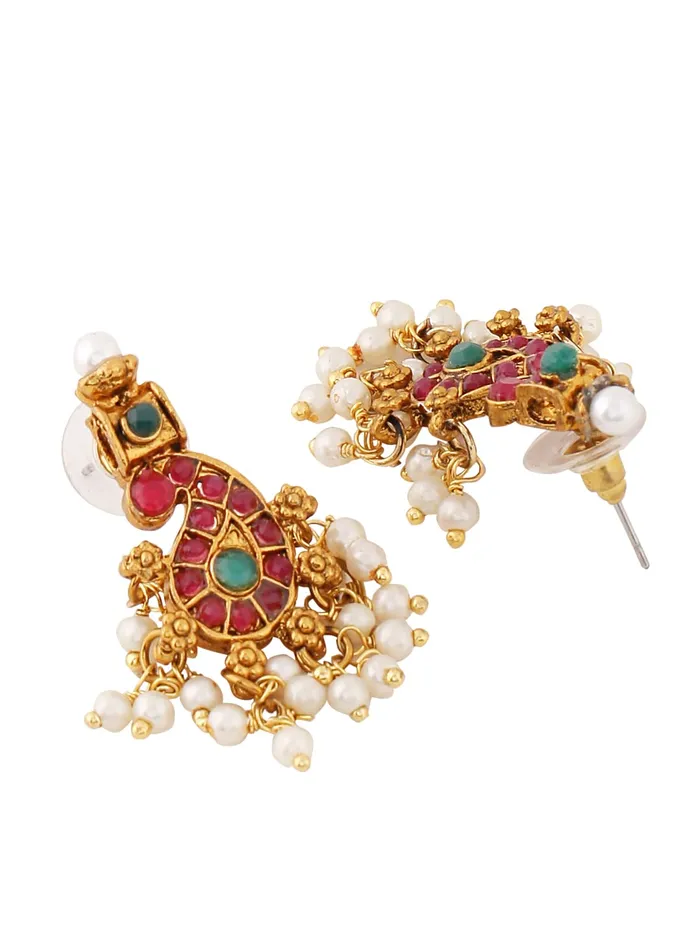 Rings Yellow Chimes Temple Jewellery Set for Women Gold Plated Stone Studded Pearl Drop Choker Necklace Set for Women and Girls Yellow Chimes