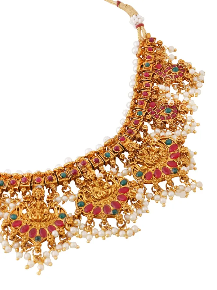 Rings Yellow Chimes Temple Jewellery Set for Women Gold Plated Stone Studded Pearl Drop Choker Necklace Set for Women and Girls Yellow Chimes