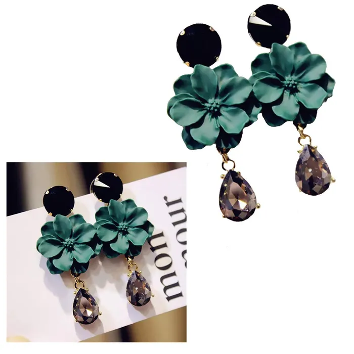 Rings Yellow Chimes Yellow Chimes Classic Vintage Bohemia Green Flower Natural Stone Black Crystal Big Dangle Drop Earrings For Women and Girls
