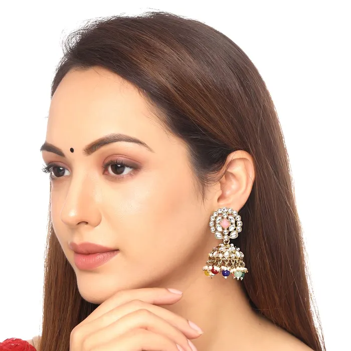 Rings Yellow Chimes Yellow Chimes Earrings for Women Gold Toned Kundan Studded Traditional Jhumka Earrings for Women and Girls