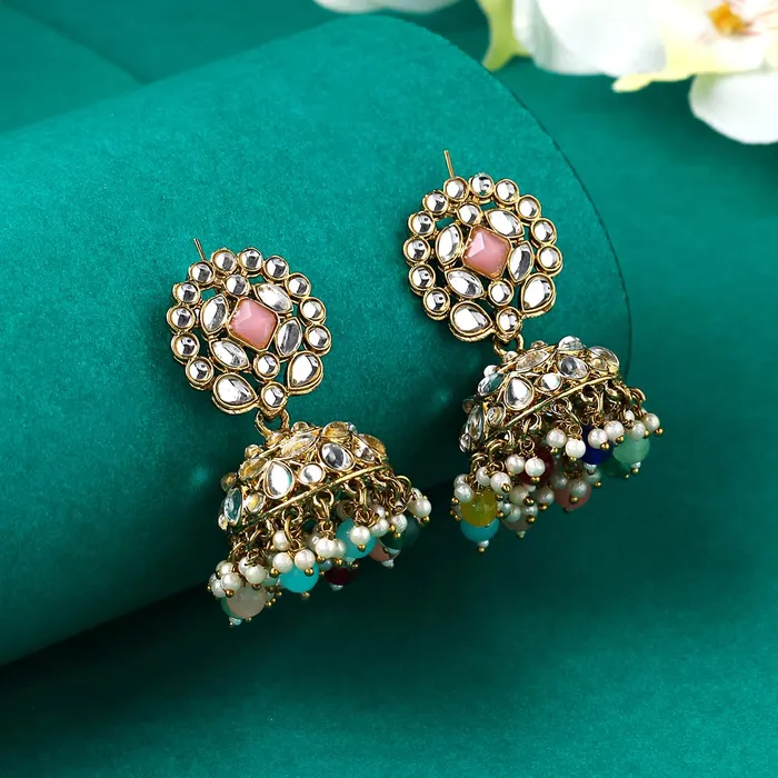 Rings Yellow Chimes Yellow Chimes Earrings for Women Gold Toned Kundan Studded Traditional Jhumka Earrings for Women and Girls