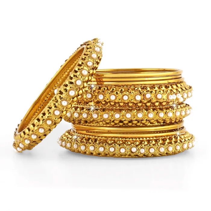 Rings Yellow Chimes Yellow Chimes Golden Bangles for Women Traditional Bangles Set Classic Antique Look Gold Plated Pearl Bangles Set for Women and Girls