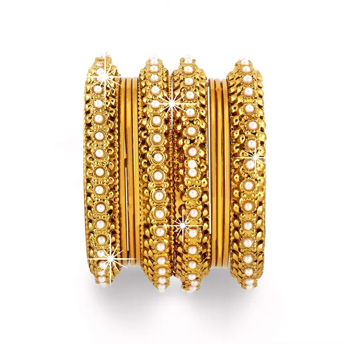 Rings Yellow Chimes Yellow Chimes Golden Bangles for Women Traditional Bangles Set Classic Antique Look Gold Plated Pearl Bangles Set for Women and Girls