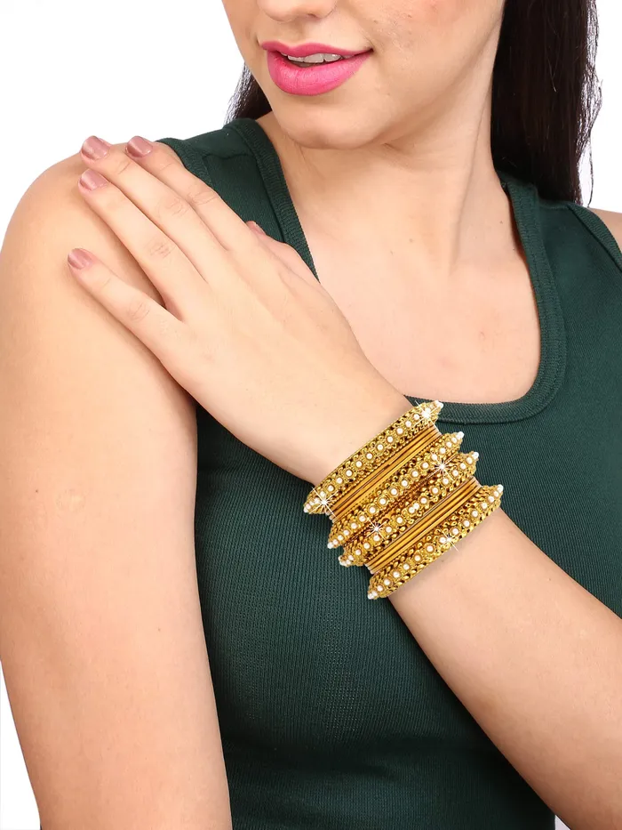 Rings Yellow Chimes Yellow Chimes Golden Bangles for Women Traditional Bangles Set Classic Antique Look Gold Plated Pearl Bangles Set for Women and Girls