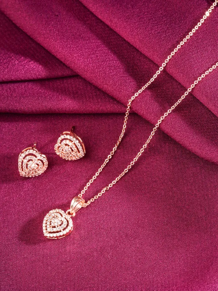 Rings Yellow Chimes Yellow Chimes Pendant Set for Women Rose Gold Toned ADAmerican Dimaond Crytal Studded Multilayer Heart Shaped Pendant Set with Earrings for Women and Girls Valentine Gift for Girls