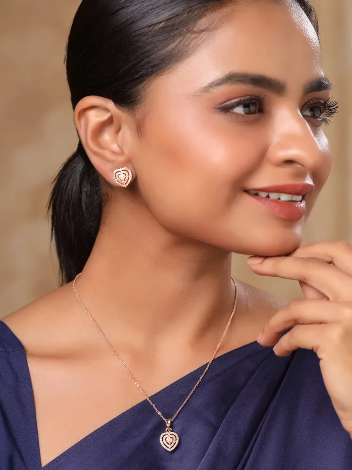 Rings Yellow Chimes Yellow Chimes Pendant Set for Women Rose Gold Toned ADAmerican Dimaond Crytal Studded Multilayer Heart Shaped Pendant Set with Earrings for Women and Girls Valentine Gift for Girls