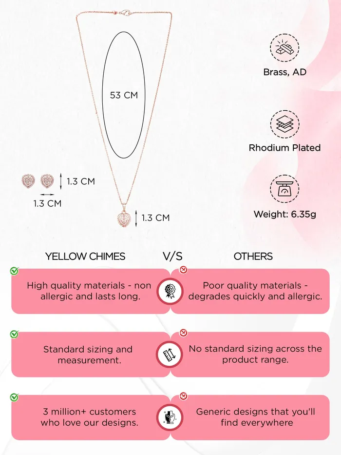 Rings Yellow Chimes Yellow Chimes Pendant Set for Women Rose Gold Toned ADAmerican Dimaond Crytal Studded Multilayer Heart Shaped Pendant Set with Earrings for Women and Girls Valentine Gift for Girls