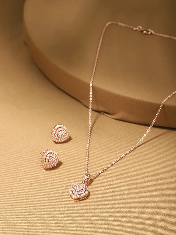 Rings Yellow Chimes Yellow Chimes Pendant Set for Women Rose Gold Toned ADAmerican Dimaond Crytal Studded Multilayer Heart Shaped Pendant Set with Earrings for Women and Girls Valentine Gift for Girls