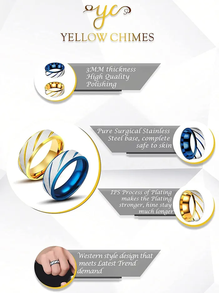 Rings Yellow Chimes Yellow Chimes Rings for Men 2 pcs combo Blue and Gold Stylish Western Stainless Steel Metal band Designed Rings for men and boys