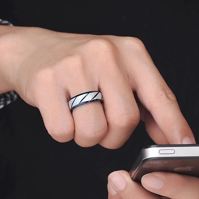 Rings Yellow Chimes Yellow Chimes Rings for Men 2 pcs combo Blue and Gold Stylish Western Stainless Steel Metal band Designed Rings for men and boys