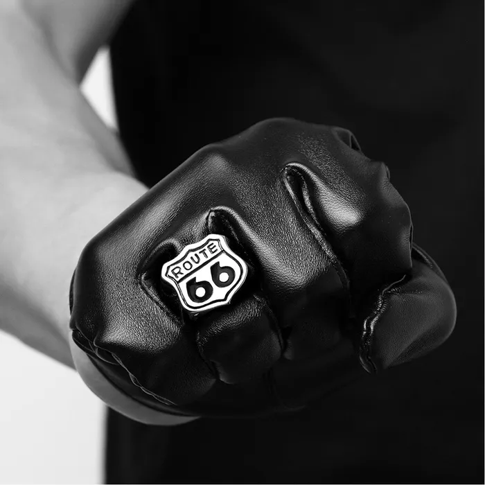 Rings Yellow Chimes Yellow Chimes Rings for Men Famous Route 66 Symbol SilverOxidized Stainless Steel Bikers Ring for Men and Boys