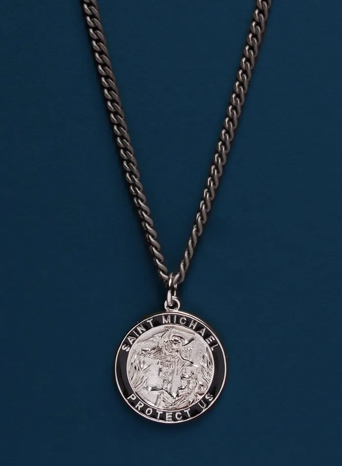 Saint Michael Sterling Silver Medallion on Black Titanium Chain WE ARE ALL SMITH Mens Jewelry Clothing Necklaces