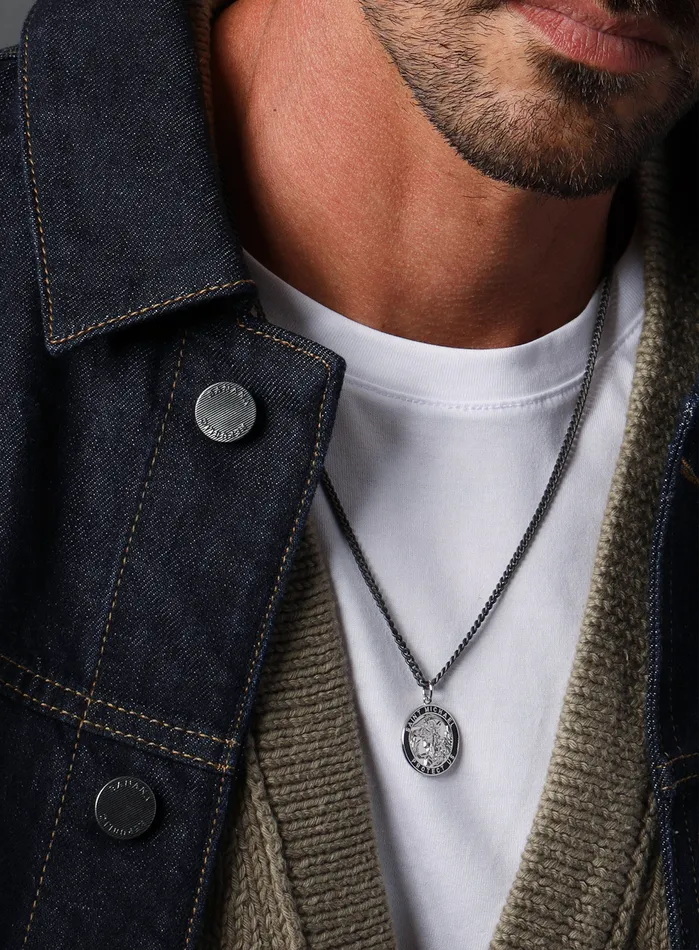Saint Michael Sterling Silver Medallion on Black Titanium Chain WE ARE ALL SMITH Mens Jewelry Clothing Necklaces