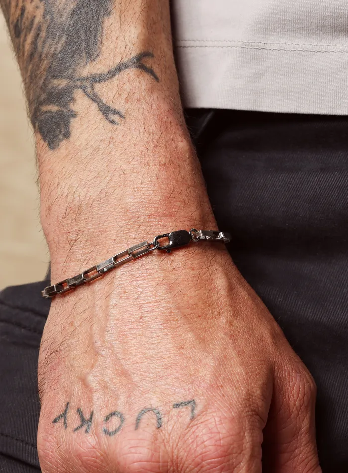 WE ARE ALL SMITH Mens Jewelry Clothing Bracelets 925 Oxidized Sterling Silver Elongated Square Box Chain Bracelet for Men