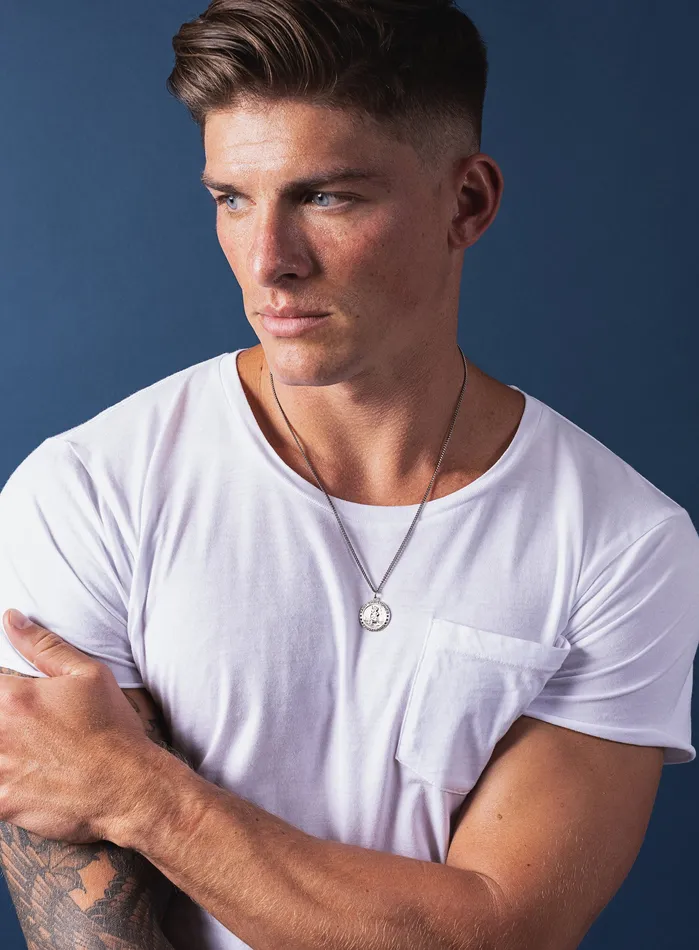 WE ARE ALL SMITH Mens Jewelry Clothing Necklaces Saint Brendan Sterling Silver Round Medal Pendant Necklace for Men Custom engraved Catholic Saint Fathers Day Gifts for him husband