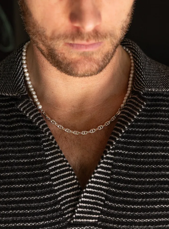 We Are All Smith Necklaces 925 Sterling Silver Anchor Chain Pearl Necklace for Men