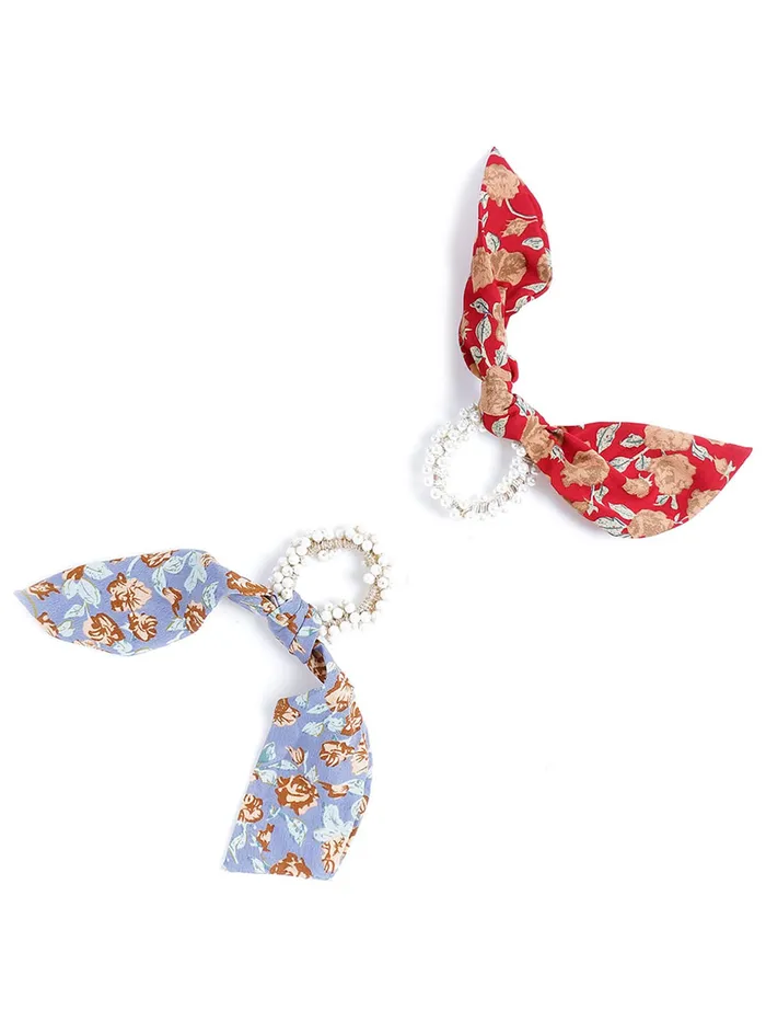 Yellow Chimes 2 Pcs Chiffon Soft Cloth 2 in 1 Design Printed Scrunchie Ponytail Holder with Bows Pearl Studded Hair Scrunchie Accessories for Women Yellow Chimes Necklaces